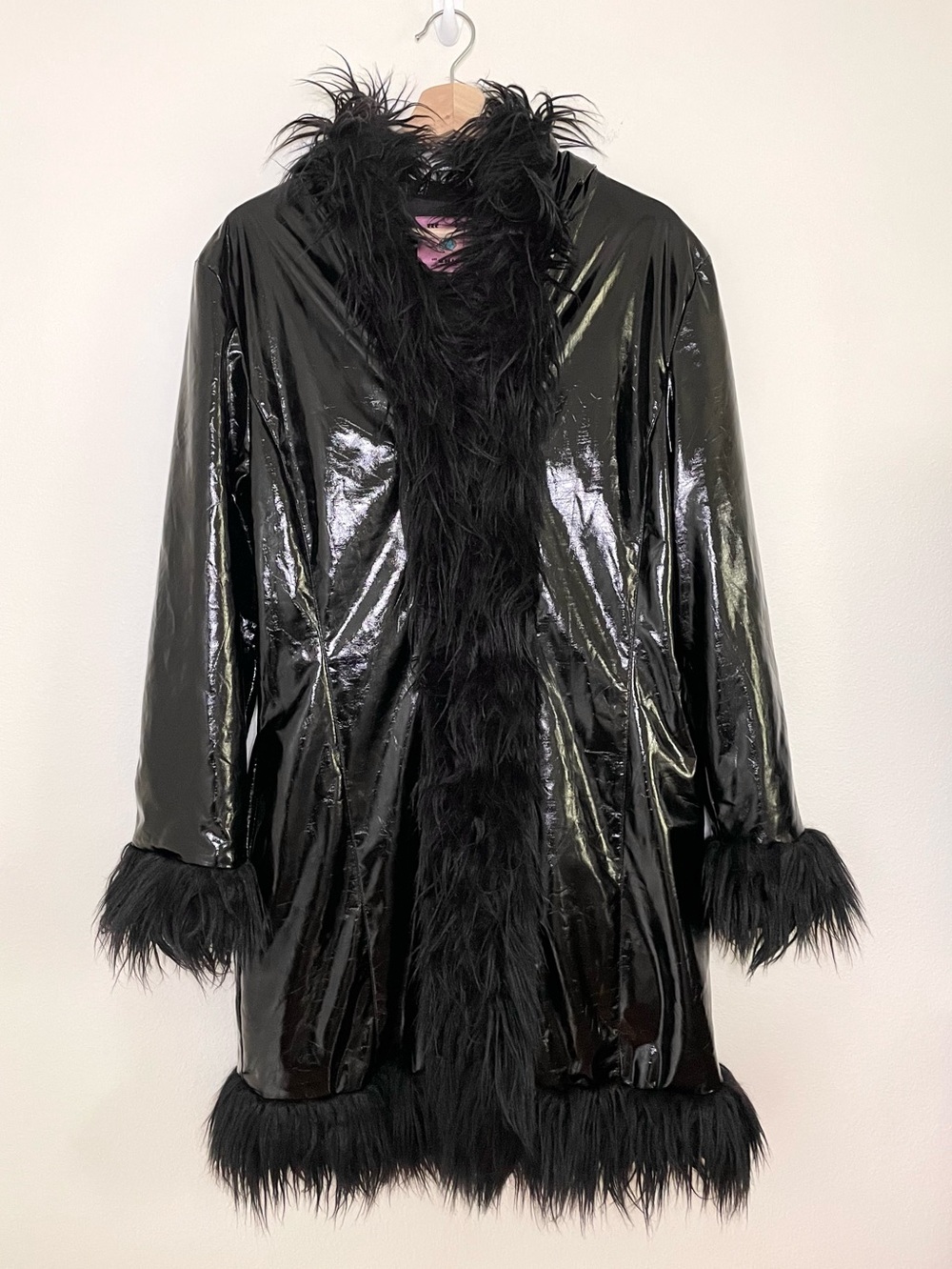 UNIF Imp Coat Glossy Vinyl Faux Fur Trim Hooded Jacket Black Medium Whimsigoth - Picture 4 of 16